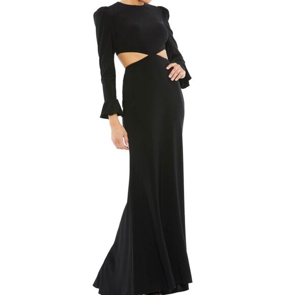 NWT MAC DUGGAL 67944 Black Long Sleeve‎ Puff Shoulder Cut Out Gown SZ 10 - Picture 1 of 8